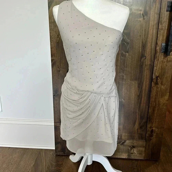 Express Chiffon One Shoulder Sleeveless Mini Dress Rhinestone Short Womens 6 - Picture 2 of 12